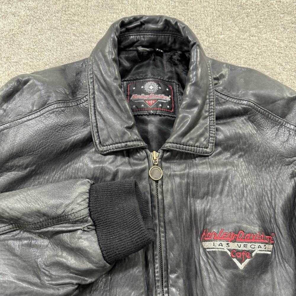 VTG Harley Davidson Las Vegas Cafe Black Leather Bomber Jacket Mens‎ L Biker
